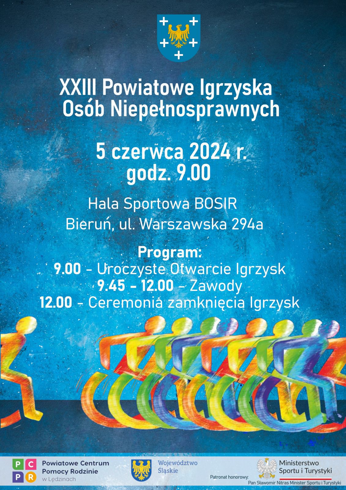 Niebeski plakat, na dole kolorowa grafika osób na wózkach inwalidzkich